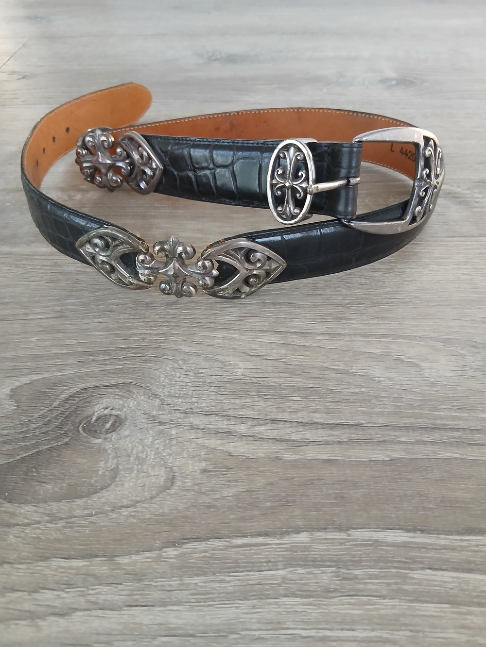 Brighton Black Croc-Embossed Leather Belt with Silver Floral Buckle